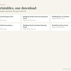 May include: A digital collection of six printable wedding planning documents titled What's Inside Six printables, one download. Includes Wedding Day Emergency Kit Checklist, Vendor Interview Question Cards, Timeline, Countdown Checklist, Thank-You Note Wording Cards, and Bridal Party Duty Cards.