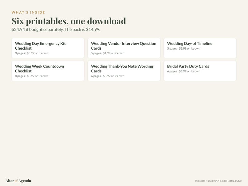 May include: A digital collection of six printable wedding planning documents titled What's Inside Six printables, one download. Includes Wedding Day Emergency Kit Checklist, Vendor Interview Question Cards, Timeline, Countdown Checklist, Thank-You Note Wording Cards, and Bridal Party Duty Cards.