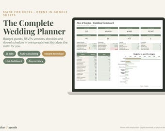 Foglio di calcolo per la pianificazione del matrimonio, Excel e Fogli Google, strumento per il monitoraggio del budget, lista degli invitati, conferma di partecipazione, disposizione dei posti a sedere, lista di controllo, modello di pianificazione.
