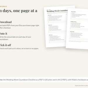 May include: A digital wedding week countdown checklist with two white pages featuring checkboxes and lines. The text reads How it works, Seven days, one page at a time, Download, Date it, Tick it off, and Wedding Week Countdown.