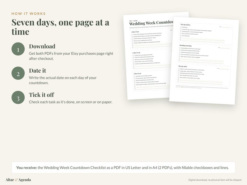 May include: A digital wedding week countdown checklist with two white pages featuring checkboxes and lines. The text reads How it works, Seven days, one page at a time, Download, Date it, Tick it off, and Wedding Week Countdown.