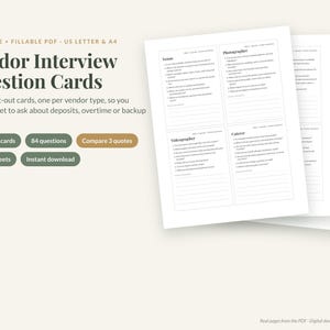 Wedding Vendor Questions Cards, Printable & Fillable PDF, Interview Checklist and Quote Comparison