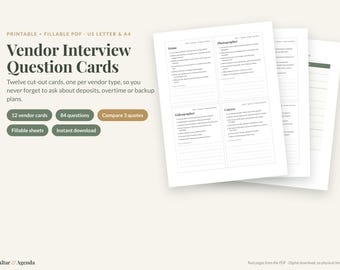 May include: Printable and fillable PDF vendor interview question cards featuring twelve cut-out cards and eighty-four questions. The document includes sections for venue, photographer, videographer, and caterer with lines for notes.
