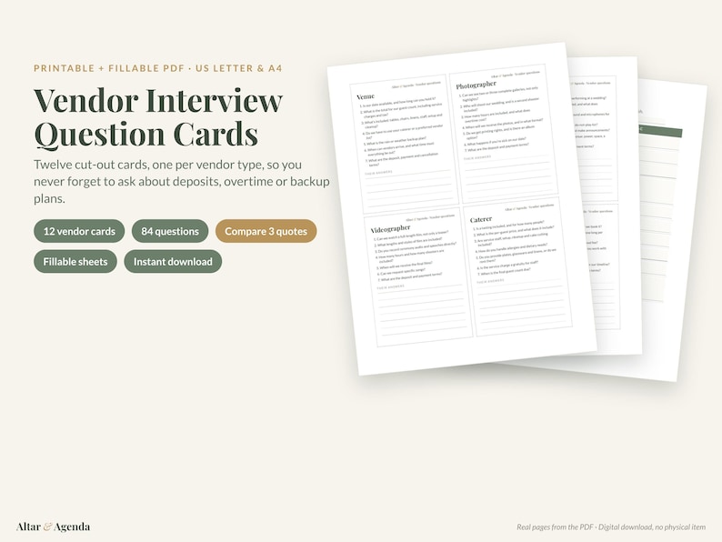 May include: Printable and fillable PDF vendor interview question cards featuring twelve cut-out cards and eighty-four questions. The document includes sections for venue, photographer, videographer, and caterer with lines for notes.