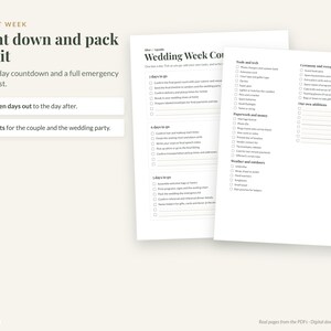 May include: A white paper wedding planning checklist with black text, featuring a seven-day countdown and an emergency kit list. The document includes checkboxes for tasks like confirming vendors, packing kits, and organizing ceremony details.