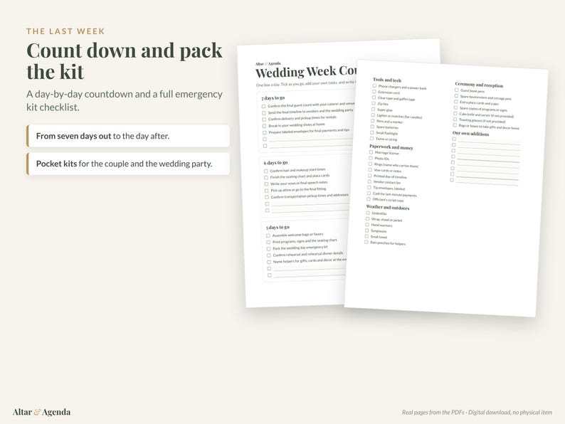 May include: A white paper wedding planning checklist with black text, featuring a seven-day countdown and an emergency kit list. The document includes checkboxes for tasks like confirming vendors, packing kits, and organizing ceremony details.