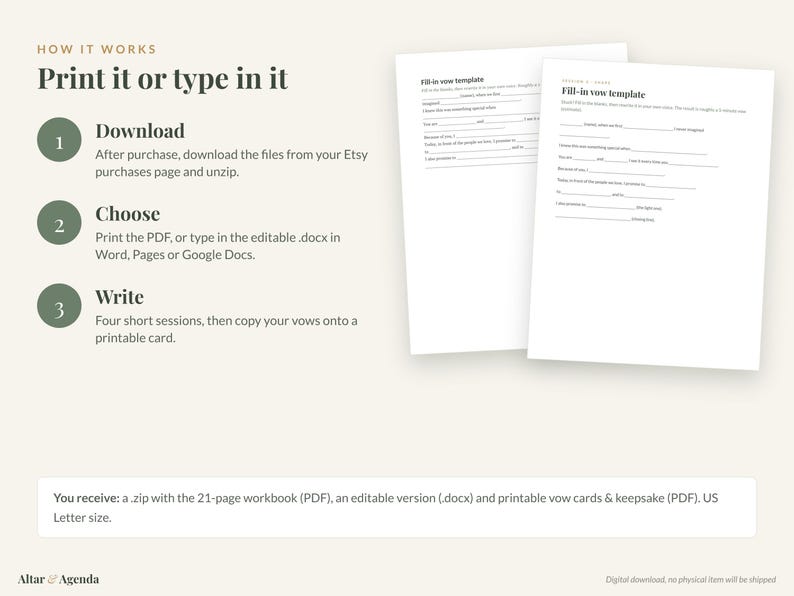 Wedding Vow Template & Writing Workbook, Printable + Editable: Prompts, Examples, Cards, Keepsake Page Bild 6
