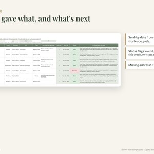 May include: A digital gift log spreadsheet template featuring columns for gift, event, received date, and status. The table includes sample data, with text boxes highlighting send-by dates, status flags, and address tracking features.