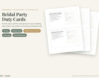 Bridal Party Duty Cards, Fillable & Printable PDF, Maid of Honor and Best Man Duties