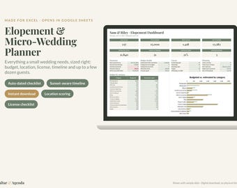 Elopement Planner Spreadsheet, Micro Wedding Excel & Google Sheets: Checklist, Budget, Timeline, Marriage License