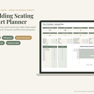 Modello di tabella dei posti a sedere per matrimoni in formato Excel e Google Sheets: pianificatore di tavoli, segnaposto alfabetici, conteggio dei pasti