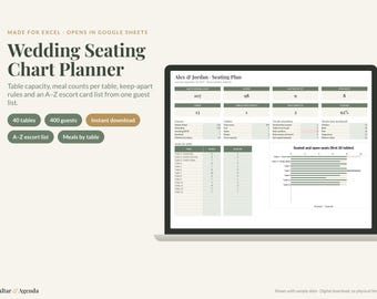 May include: A digital wedding seating chart planner displayed on a laptop screen, featuring data tables, guest counts, and a bar chart. The interface includes text labels like Wedding Seating Chart Planner, 40 tables, 400 guests, and A-Z escort list.