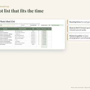 Puede incluir: Una plantilla digital de lista de fotos familiares con una tabla que incluye columnas para agrupaci&oacute;n, nombres a reunir, lado, minutos y hora planificada. El documento contiene etiquetas de texto para tiempos de ejecuci&oacute;n.
