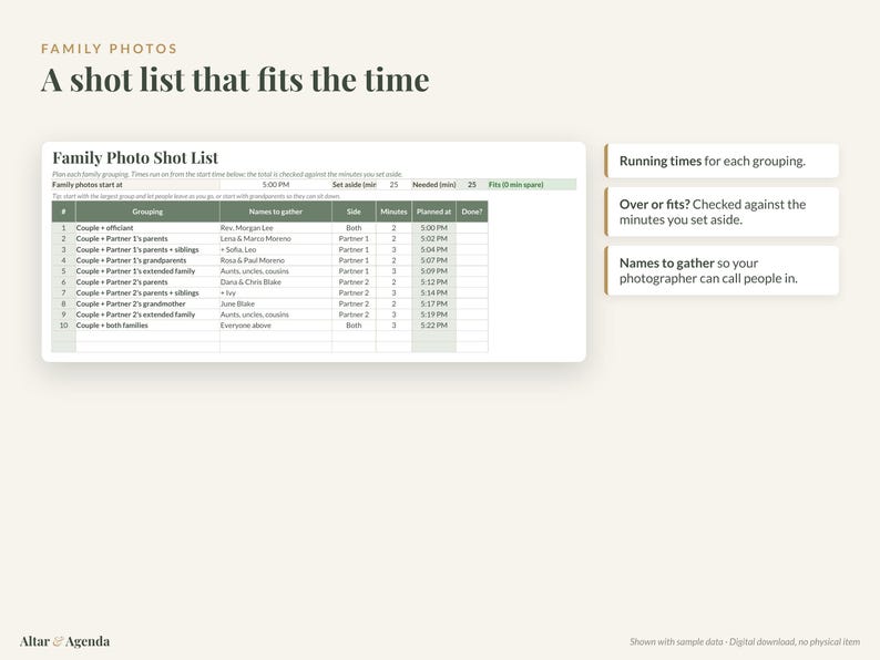 Puede incluir: Una plantilla digital de lista de fotos familiares con una tabla que incluye columnas para agrupaci&oacute;n, nombres a reunir, lado, minutos y hora planificada. El documento contiene etiquetas de texto para tiempos de ejecuci&oacute;n.
