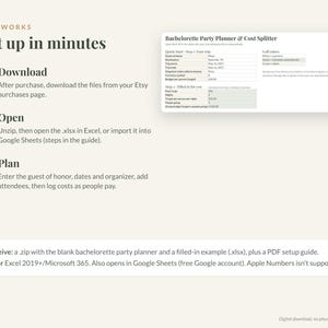 May include: A digital bachelorette party planner and cost splitter spreadsheet template. The graphic displays instructions for downloading, opening, and planning, alongside a preview of the Excel interface and a list of included files.