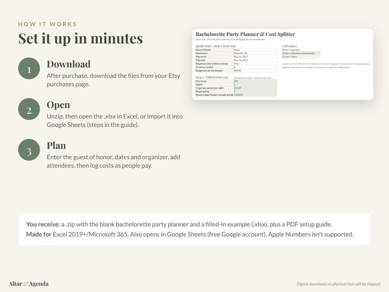 May include: A digital bachelorette party planner and cost splitter spreadsheet template. The graphic displays instructions for downloading, opening, and planning, alongside a preview of the Excel interface and a list of included files.