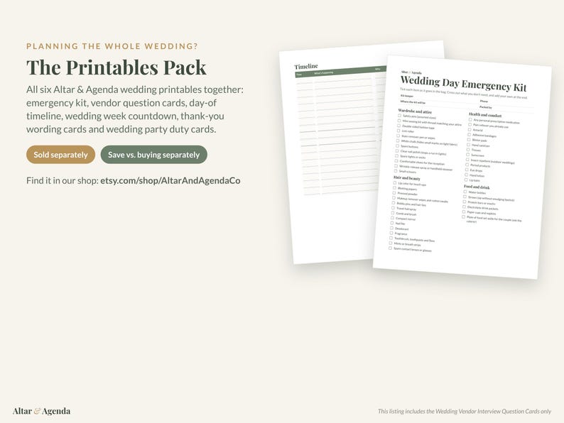 May include: A digital printable wedding planning pack featuring a Wedding Day Emergency Kit checklist and a timeline template. The text includes Planning the Whole Wedding, The Printables Pack, and Altar & Agenda. The documents are white with black text.