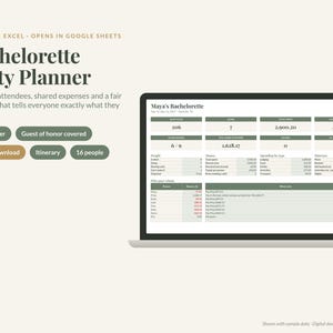 Può includere: Un foglio di calcolo digitale per la pianificazione di un addio al nubilato visualizzato sullo schermo di un portatile. L'interfaccia include sezioni per l'itinerario, i partecipanti e le spese condivise con vari dati.