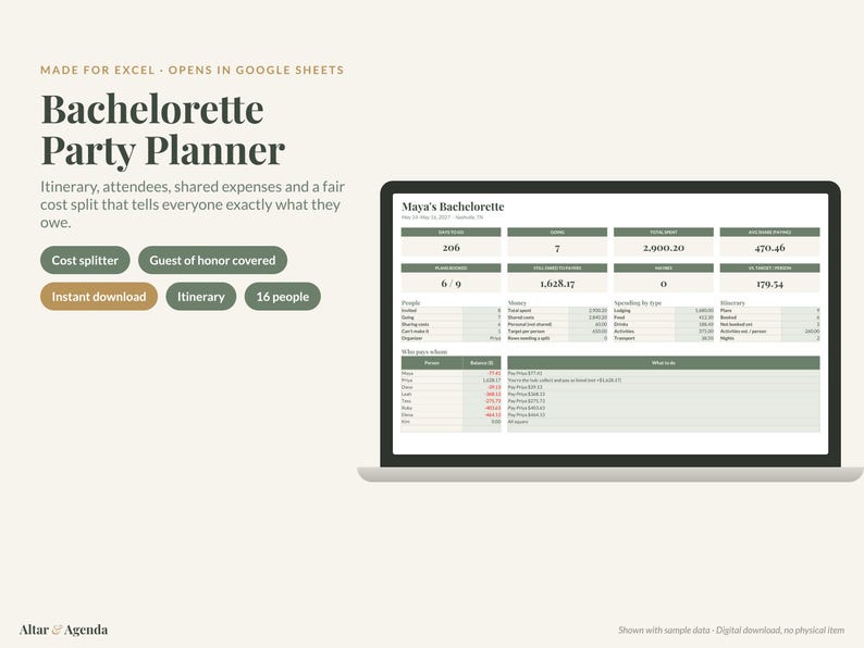 May include: A digital Bachelorette Party Planner spreadsheet displayed on a laptop screen. The interface includes sections for itinerary, attendees, and shared expenses, with text labels like Cost splitter and Guest of honor covered.