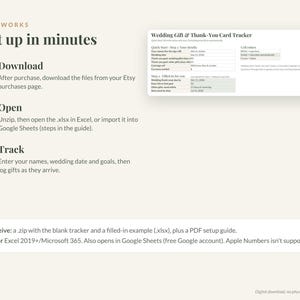 May include: A digital wedding gift and thank-you card tracker instructional graphic. It outlines a three-step process: download, open, and track. Includes a preview of the spreadsheet interface and a list of included files for Excel and Google Sheets.
