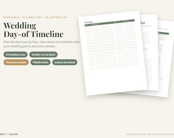 Wedding Day Timeline Template, Fillable PDF Printable & Day Of Schedule for Vendors and Bridal Party