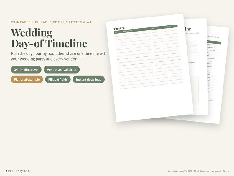 May include: A printable and fillable PDF wedding day-of timeline template in US Letter and A4 sizes. The document features a header titled Timeline, with columns for time, event description, and vendor notes, including 34 rows for planning.