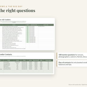 Op de afbeelding: Een digitale trouwplanningssjabloon met twee tabellen genaamd Questions to Ask Vendors en Day-Of Vendor Contacts. Het document bevat kolommen voor leveranciersgegevens, contactinformatie, openstaande saldi en fooien.