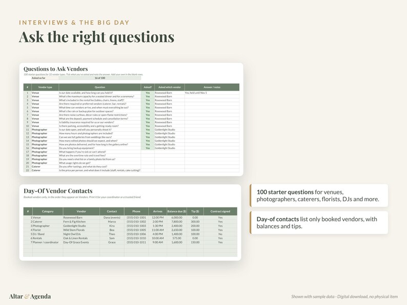 Op de afbeelding: Een digitale trouwplanningssjabloon met twee tabellen genaamd Questions to Ask Vendors en Day-Of Vendor Contacts. Het document bevat kolommen voor leveranciersgegevens, contactinformatie, openstaande saldi en fooien.