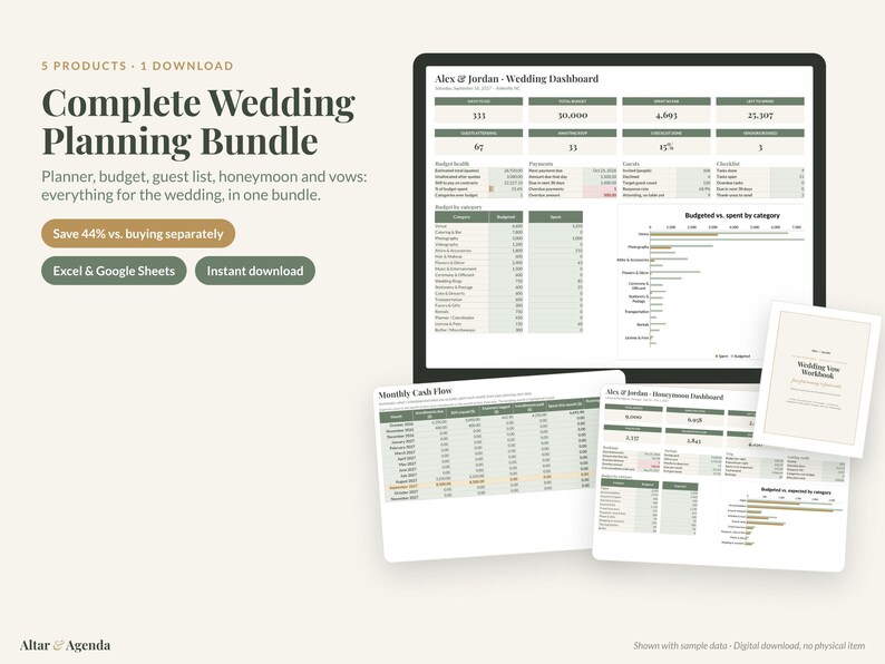 Wedding Planner Bundle: Planner Spreadsheet, Budget Tracker, Guest List, Honeymoon Planner, Vow Workbook image 1