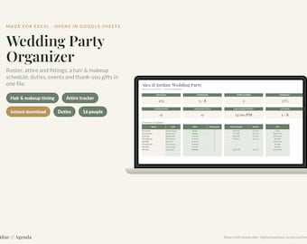 May include: A digital wedding party organizer spreadsheet displayed on a laptop screen. The interface features tabs for hair and makeup timing, attire tracking, duties, and a 16-person roster. Text includes Wedding Party Organizer, Alex & Jordan: Wedding Party, and Altar & Agenda.