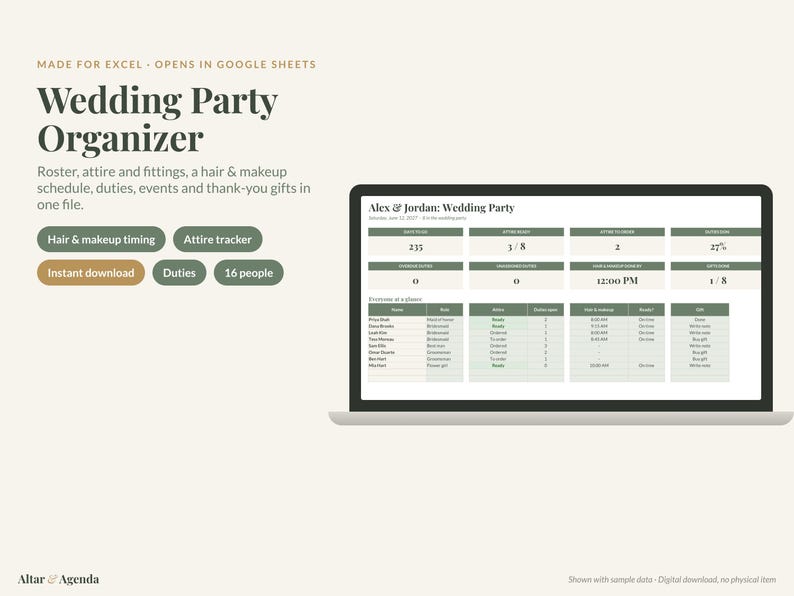 Wedding Party Organizer Spreadsheet, Excel & Google Sheets: Bridesmaid Planner, Attire, Hair and Makeup Schedule image 1