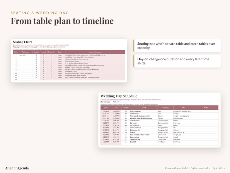 Pink Wedding Planner Spreadsheet, Blush Excel & Google Sheets: Budget, Guest List, Seating Chart, Checklist immagine 6