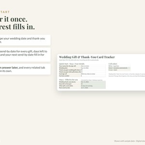 May include: A digital wedding gift and thank-you card tracker spreadsheet interface. The layout includes a quick start guide with three steps and a data entry table featuring fields for wedding date, gift goals, and automated calculation cells.