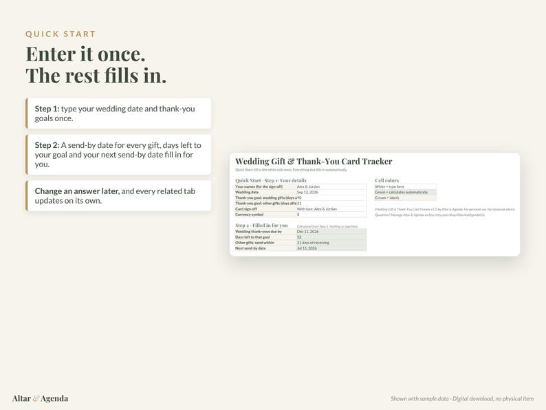 May include: A digital wedding gift and thank-you card tracker spreadsheet interface. The layout includes a quick start guide with three steps and a data entry table featuring fields for wedding date, gift goals, and automated calculation cells.