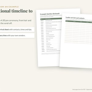 May include: Two white digital document pages featuring a wedding timeline and a vendor contact sheet. The text includes headers like Example timeline (fictional) and Vendor arrivals and contacts, with green accents and organized tables.