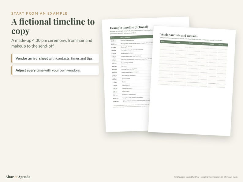 May include: Two white digital document pages featuring a wedding timeline and a vendor contact sheet. The text includes headers like Example timeline (fictional) and Vendor arrivals and contacts, with green accents and organized tables.