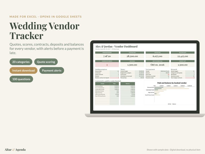 Op de afbeelding: Een digitale Wedding Vendor Tracker-spreadsheet weergegeven op een laptopscherm. De interface bevat een dashboard met tabellen, grafieken en gegevensvelden voor het beheren van offertes, contracten, aanbetalingen en saldi voor leveranciers.