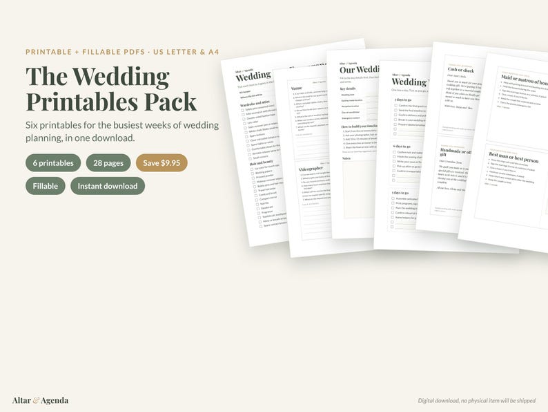 May include: A digital wedding planning pack featuring six printable and fillable PDF documents. The text reads The Wedding Printables Pack, Six printables for the busiest weeks of wedding planning, in one download, 6 printables, 28 pages.