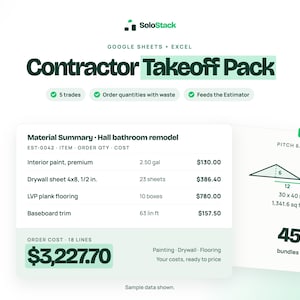 Calculator voor materiaalkosten aannemers in Excel & Google Sheets | Schatting van dakbedekking, verf, gipsplaten, vloeren, betonmaterialen, bestellijst
