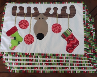 Christmas Placemats: Reindeer with red and lime ornaments, gold rickrack - set of 6