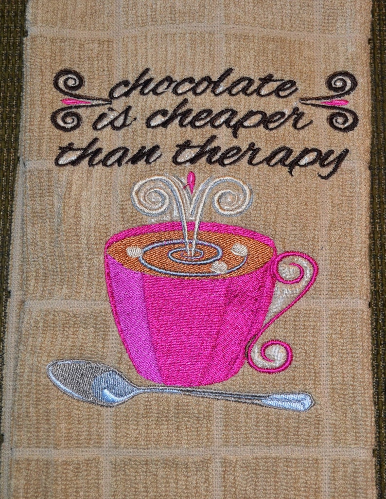 Kitchen Towels Tan Terry Cloth Embroidered Hot Chocolate Etsy