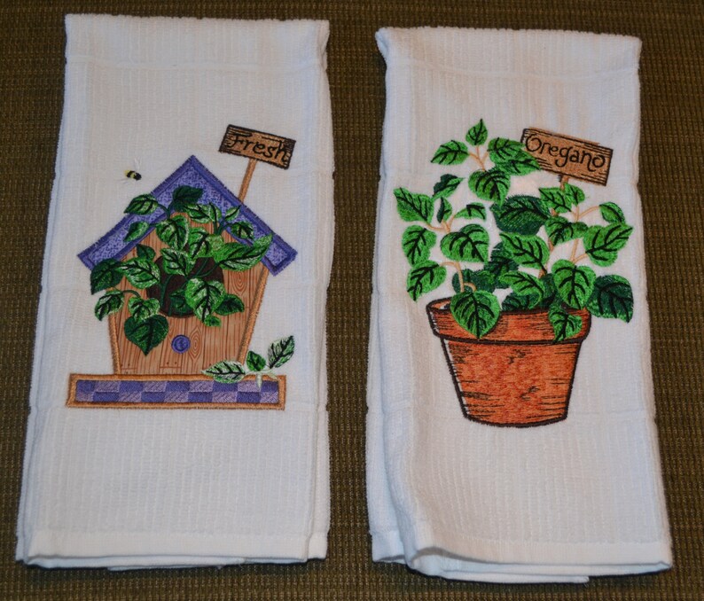 Kitchen Towels White Terry Cloth Embroidered Herbs Etsy