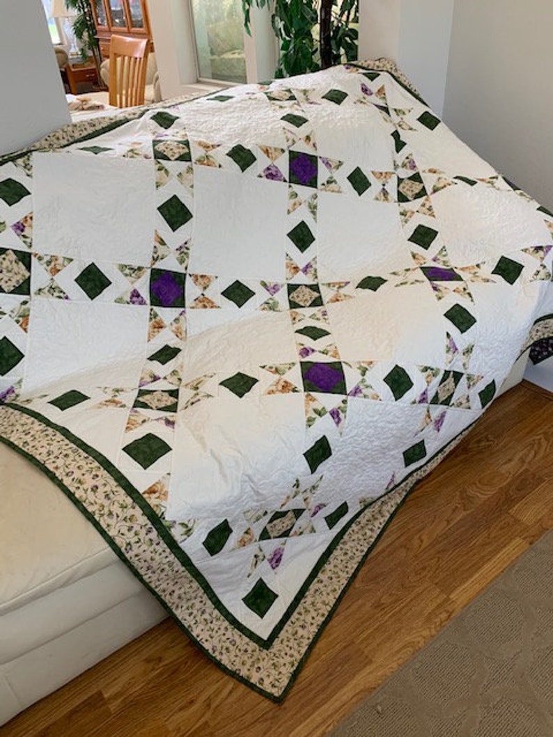 Quilts for Sale Quilt White With Dark Green Purple & Cream Etsy