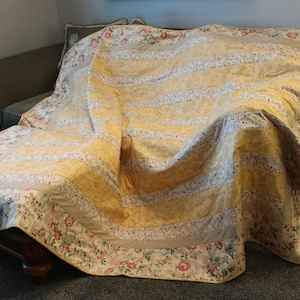 Quilt: Gold on Gold and small and large rose floral and plaid stripes