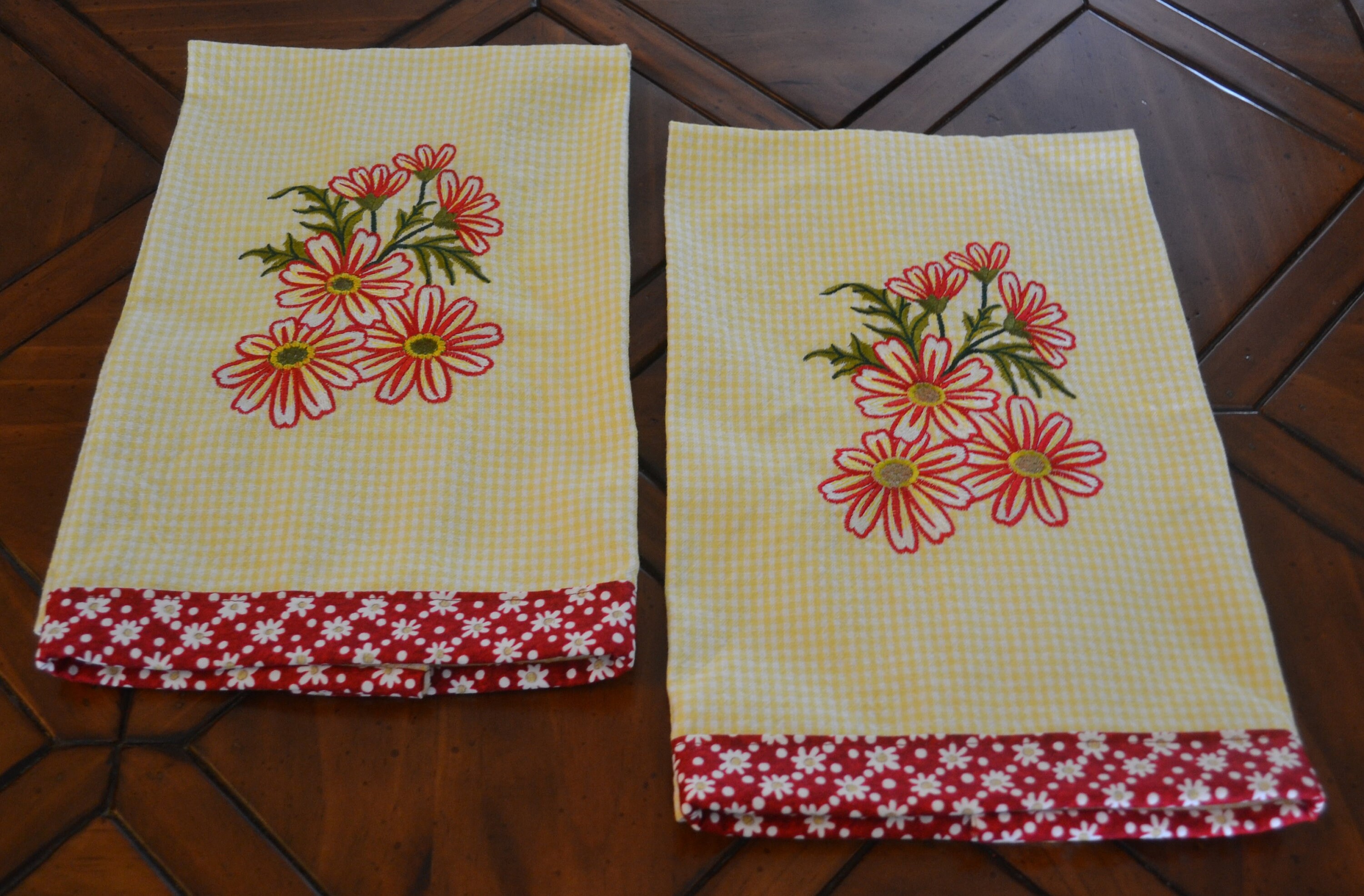 Kitchen Towels Daisy Embroidered Red Edged Etsy