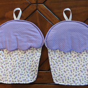 Lavender Flower Cupcake Potholders with lavender pin dot frosting - set of 2