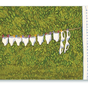 May include: A line of white underwear hangs on a clothesline against a green leafy background. A white bra hangs on the right side of the line.
