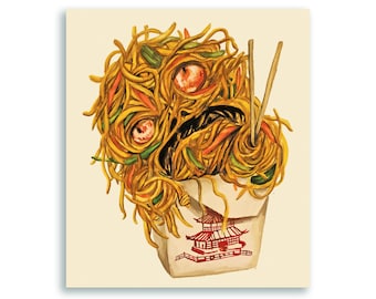 May include: A cartoon illustration of a takeout container filled with noodles, vegetables, and meat. The noodles are overflowing from the container and have a face with two large eyes. The container has a red pagoda design on the side.