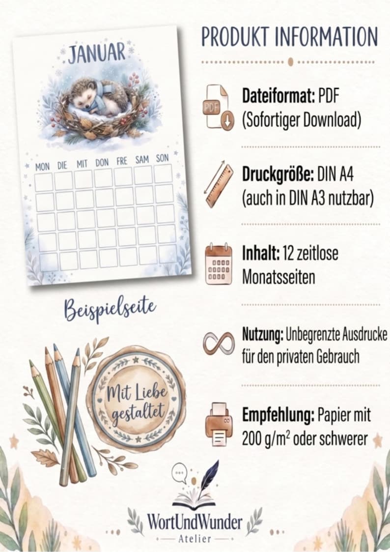 Coloring Calendar for Children in A4 Portrait Format: 12 Months to ...
