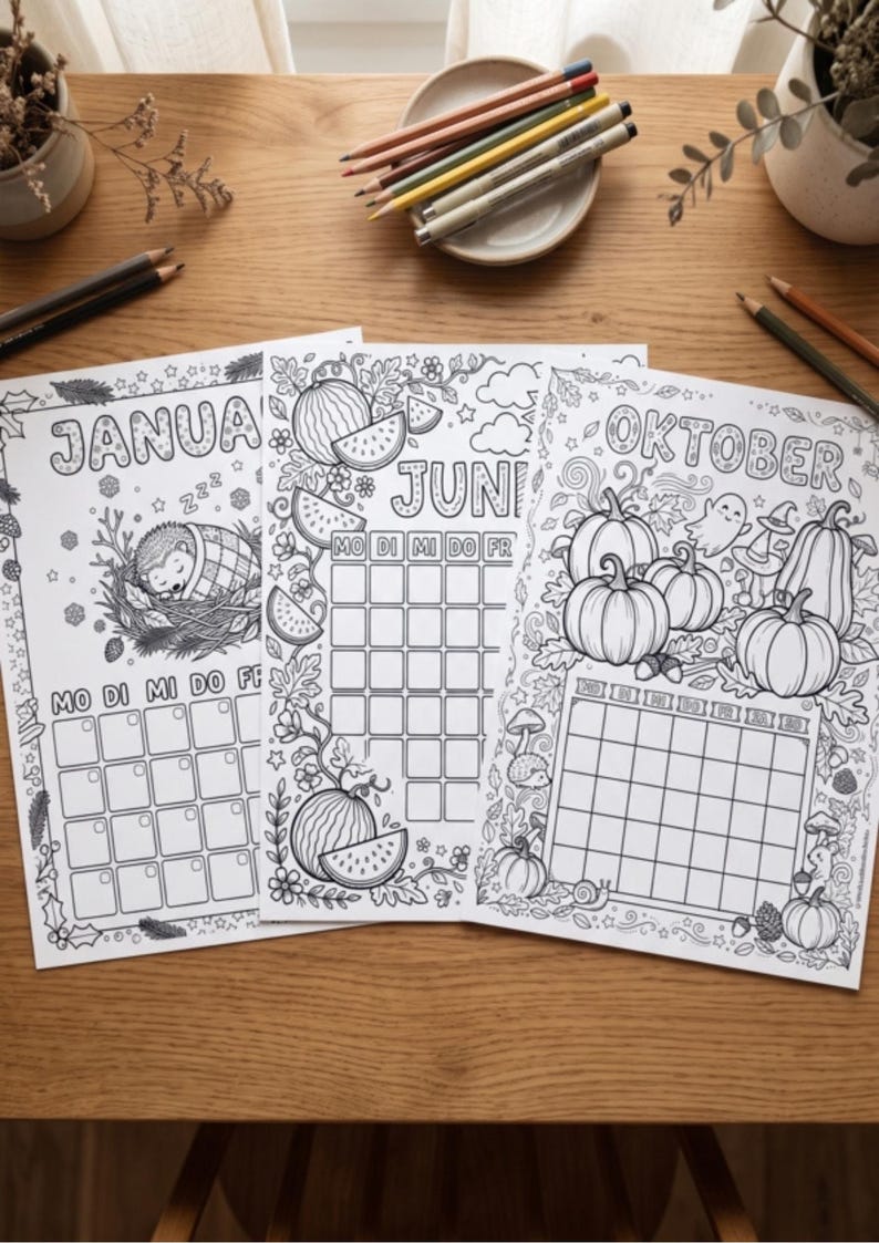 Coloring Calendar for Children in A4 Portrait Format: 12 Months to ...